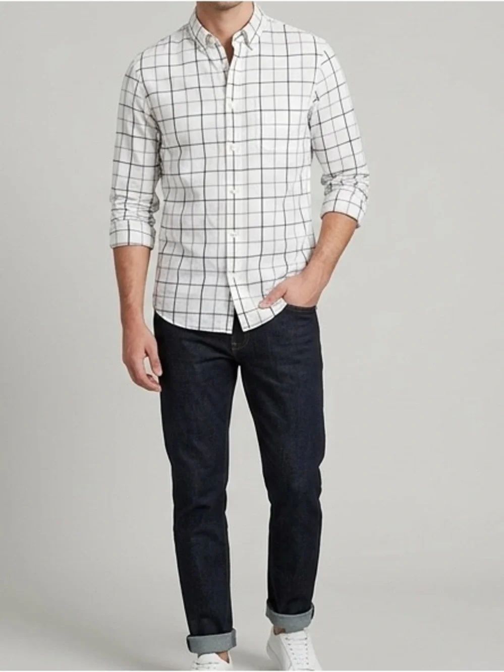 Banana Republic/UntuckWhite Button-Down Shirt with Black & Gray Windowpane Check
